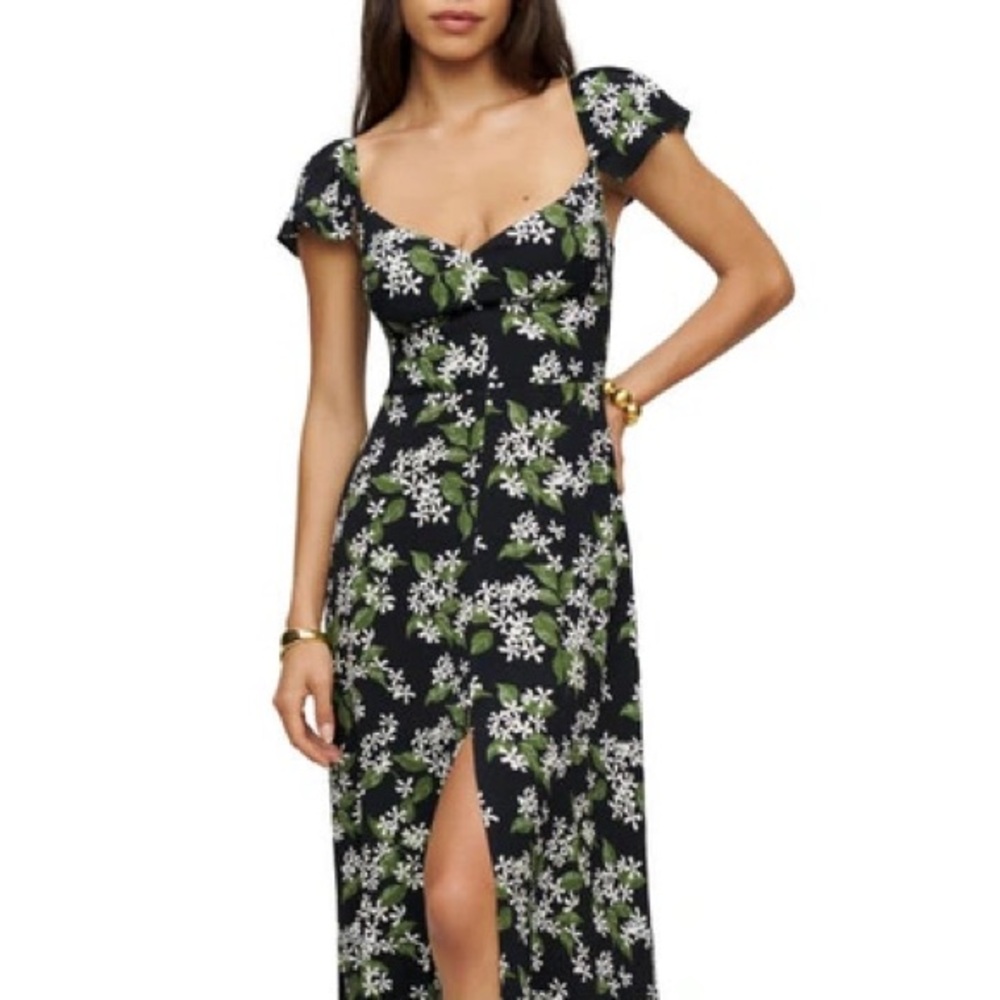 Reformation Green and White Midi Sundress with Spaghetti Straps